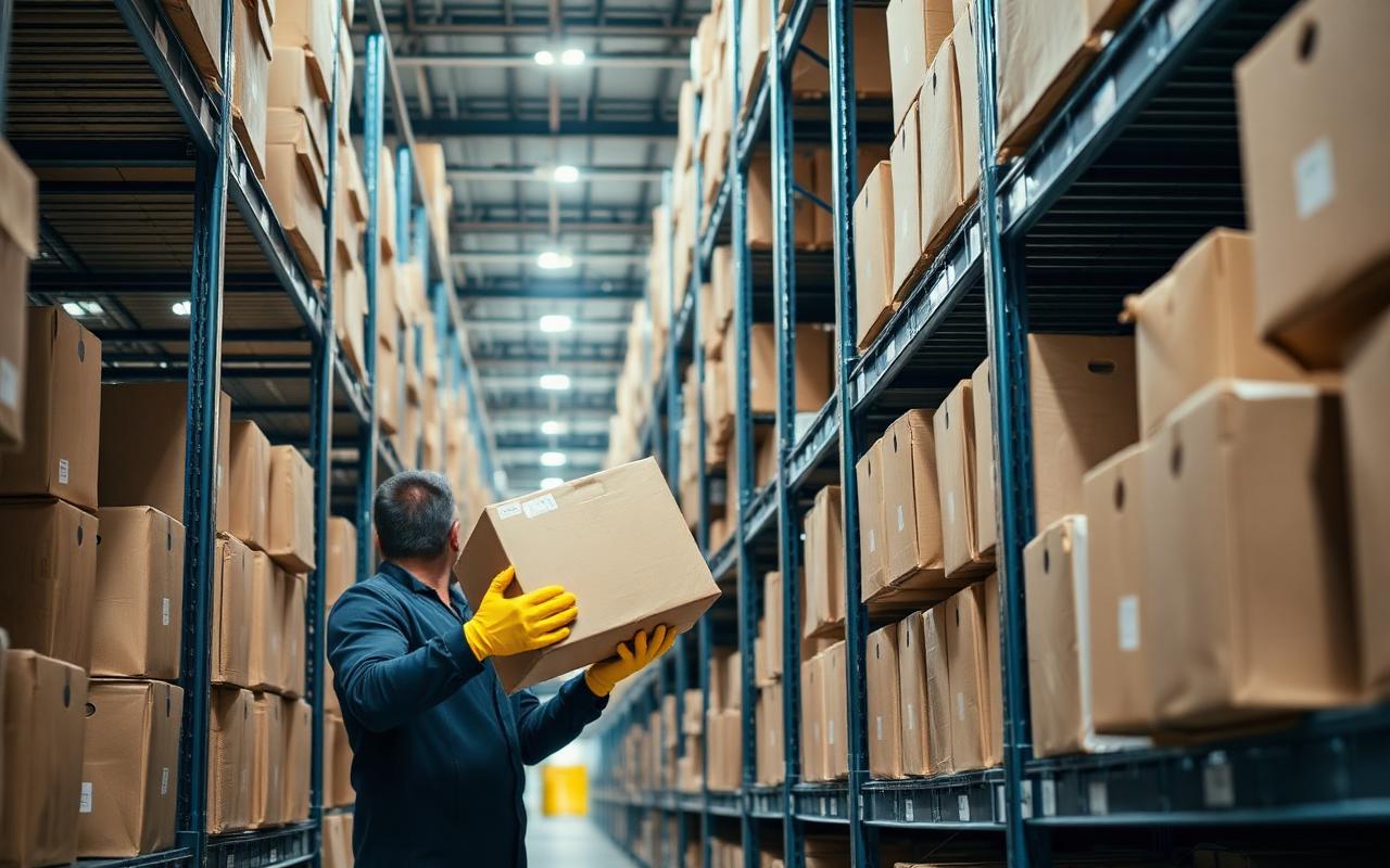 Warehouse operative picking a boxed part from shelving