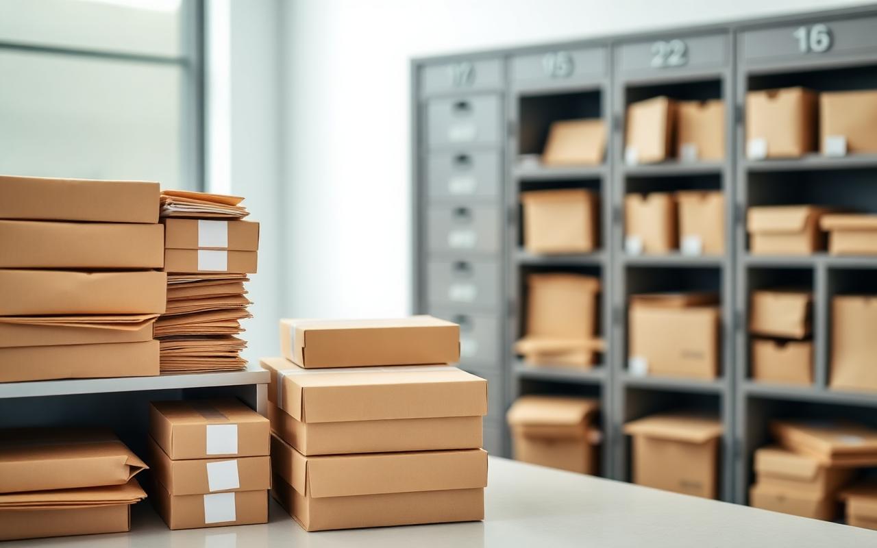 Parcels and envelopes sorted at a UK mail handling counter